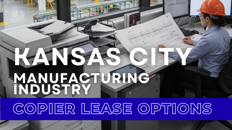 Kansas City manufacturing office with copier printing technical schematics and factory manager nearby.