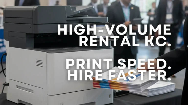 High-Volume Printer Rental Kansas City for tech career fairs, showing a fast MFP delivering professional resumes and materials at a busy convention hall.