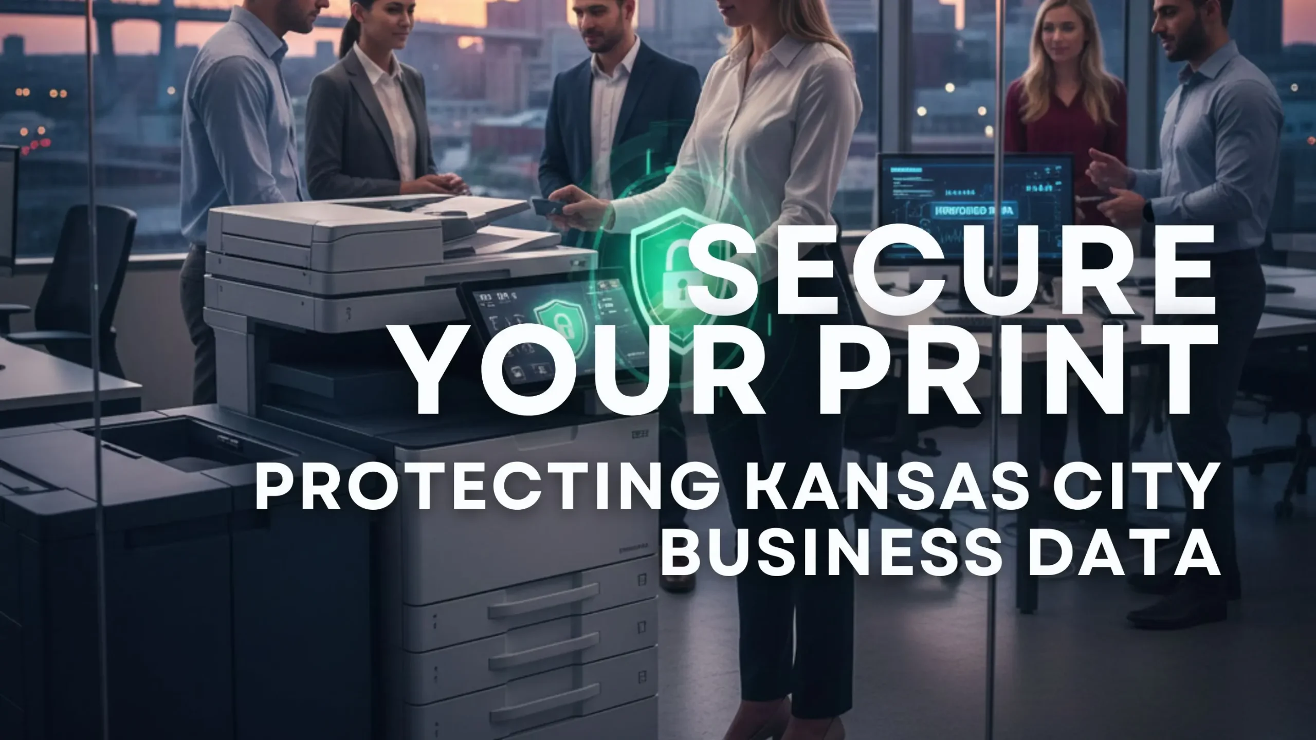 Secure office copier in a Kansas City business office featuring user authentication and data encryption for print security.