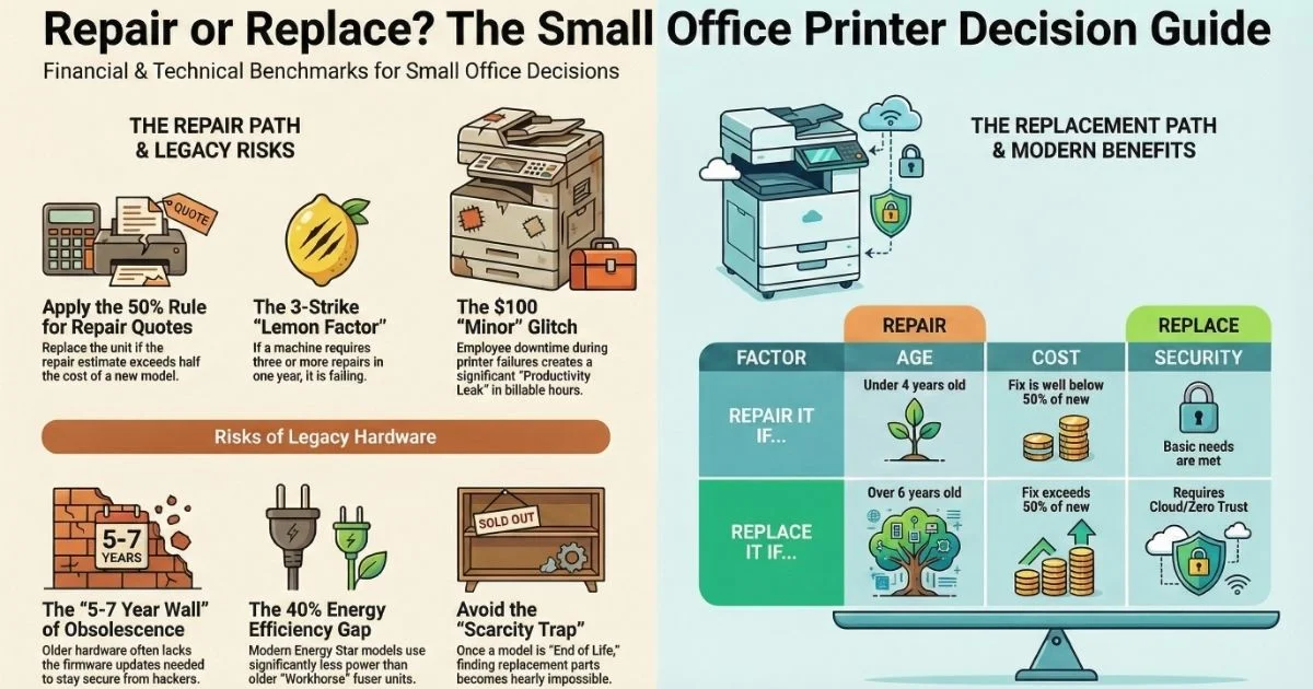 Visual guide for Kansas City offices deciding on Printer Repair, featuring the 50% rule, 3-strike lemon factor, and legacy hardware risks.