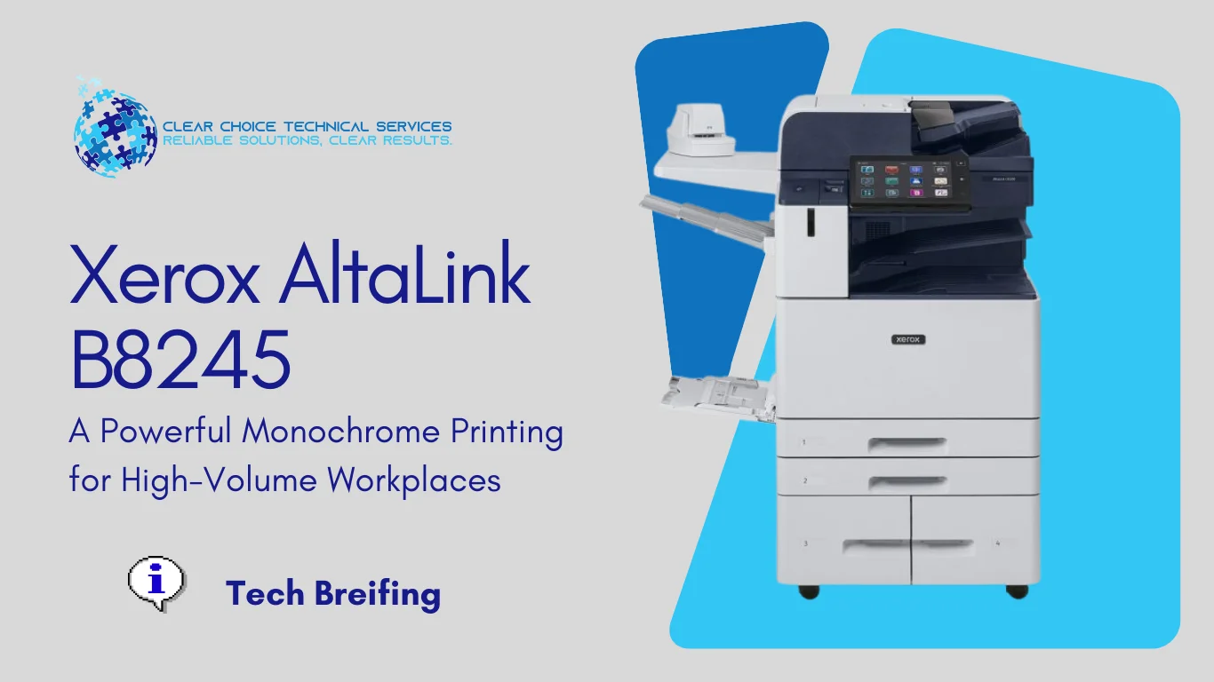 Xerox AltaLink B8245 black-and-white multifunction printer featuring a 10.1-inch touchscreen and high-capacity tandem tray, serving Kansas City, MO 64109.