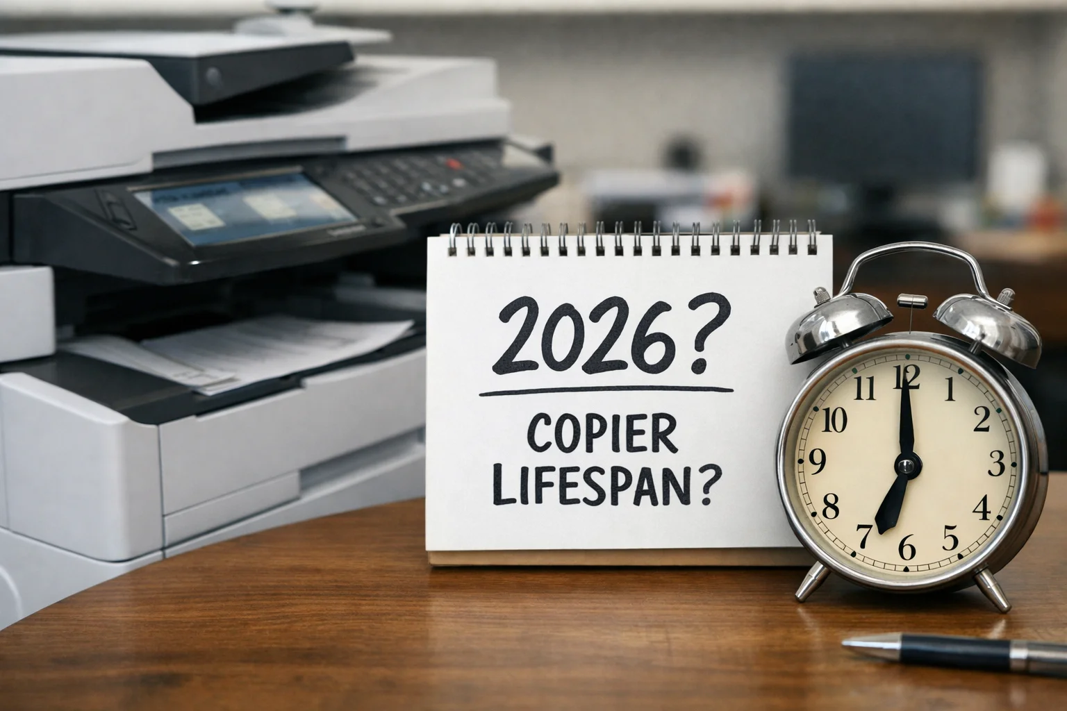 A desktop calendar and alarm clock next to a modern office copier questioning the average machine lifespan for 2026.