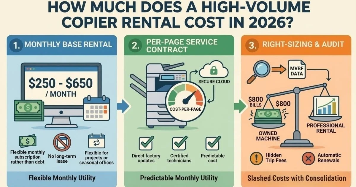 Infographic showing a Copier Rental Cost of $250 to $650 per month in Kansas City, featuring flexible monthly subscriptions and no long-term debt.
