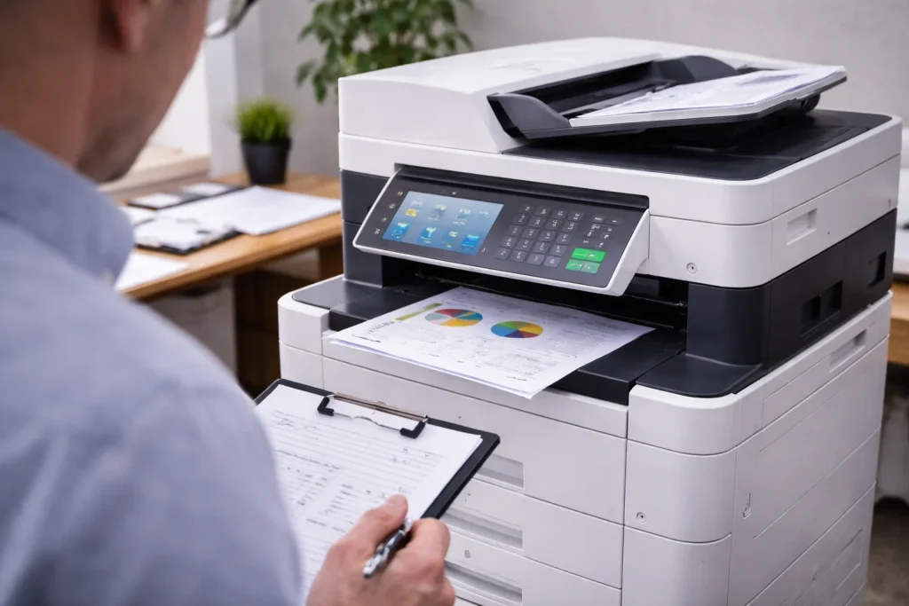 An office worker in Kansas City reviewing high-quality color charts from enterprise-grade multifunction copiers.