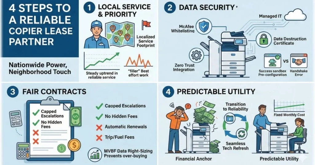 Comparison chart for a Reliable Copier Lease in Kansas City, showcasing 4-hour response times, McAfee whitelisting, and no hidden service fees.