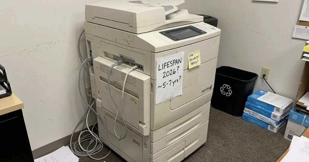 An older Xerox copier in a Kansas City office corner with a note regarding its 2026 lifespan and security patch requirements.