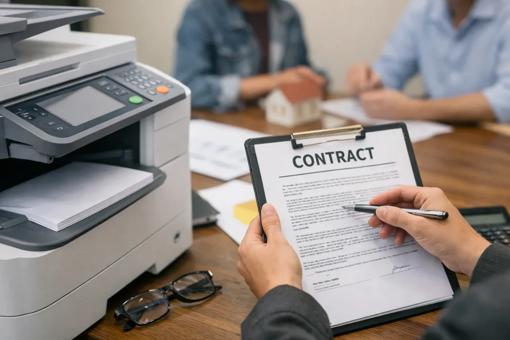 A close-up of a business professional reviewing a Kansas City copier lease contract to avoid traps.