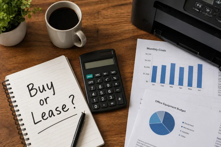 Notepad with "Buy or Lease?" written next to monthly cost charts and a printer for Kansas City MO businesses