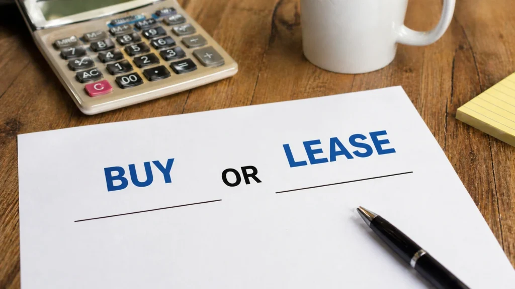 Buy or lease a copier decision document on a desk with a calculator for Kansas City MO businesses