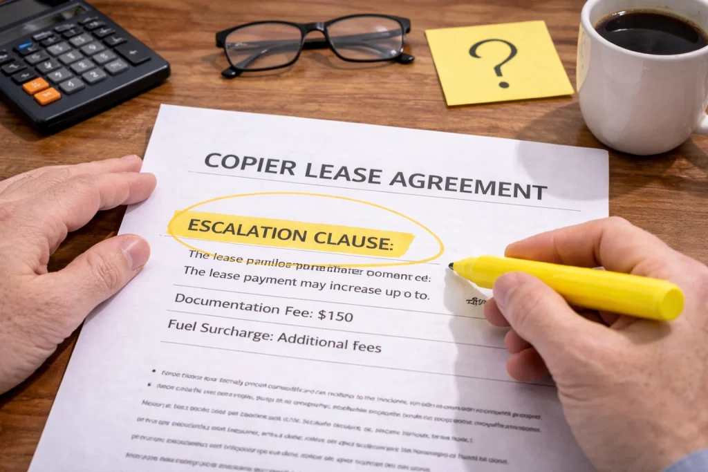 Hand highlighting a clause in a Kansas City Copier Lease Agreement to ensure all terms are understood.