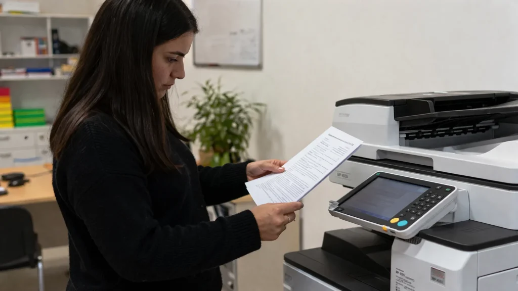 A woman standing by an office copier reviewing a document for Kansas City copier lease traps.