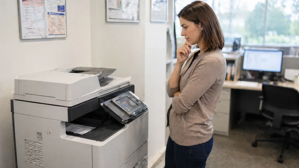 Business woman standing beside an office copier thinking about whether to buy or lease in Kansas City MO