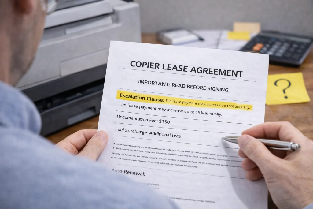 Person reviewing the "Important: Read Before Signing" section of Kansas City Copier Lease Agreements