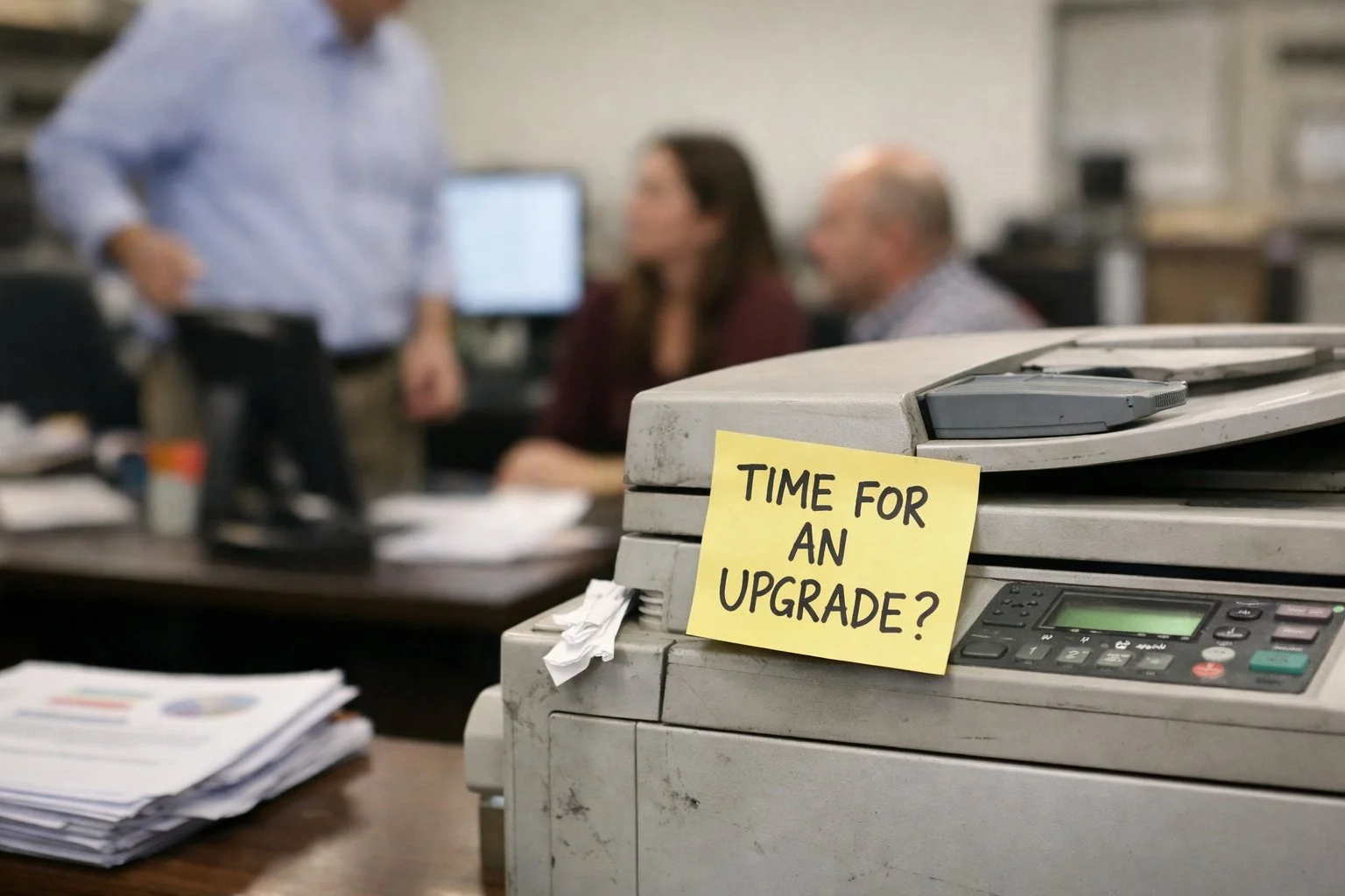 A dusty office printer with a yellow sticky note asking "Time for an upgrade?" in a Kansas City office.
