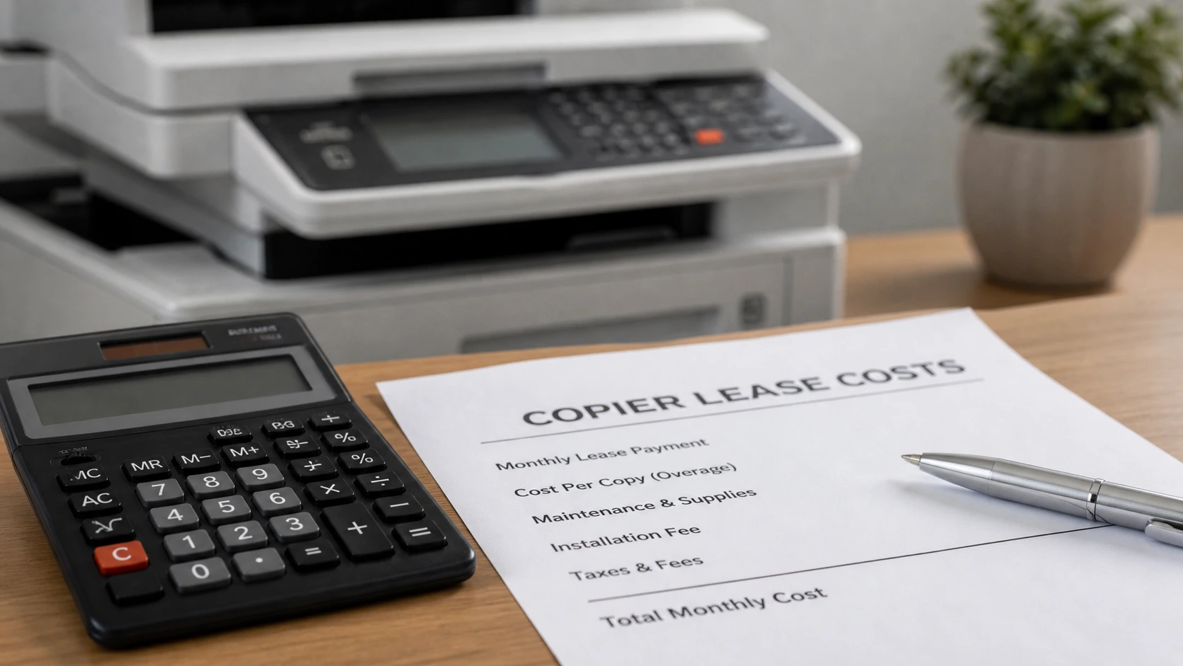 Copier lease costs document showing monthly payment breakdown with calculator and copier for Kansas City MO businesses