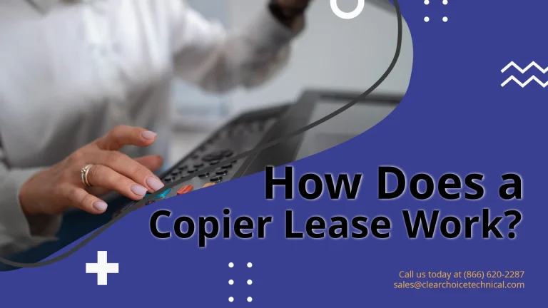 How does a copier lease work blue graphic with hand pressing office copier control panel buttons in Kansas City MO