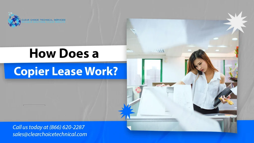 How does a copier lease work graphic with businesswoman using office copier while on phone in Kansas City MO
