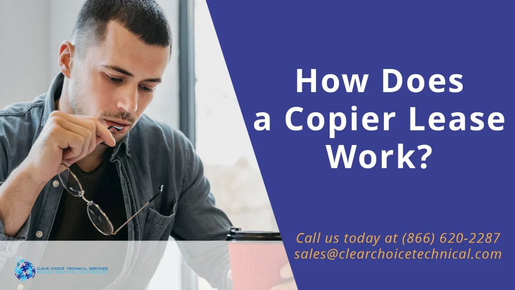 How does a copier lease work graphic with business owner reviewing copier lease documents in Kansas City MO