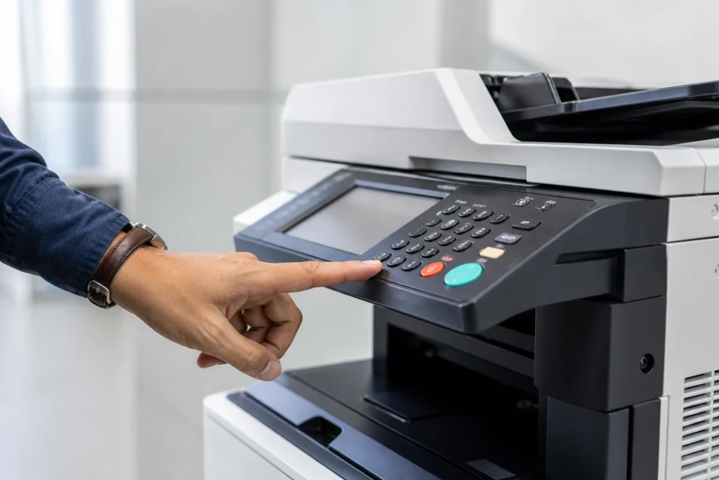 Business person pressing button on office copier control panel for a leased copier in Kansas City MO