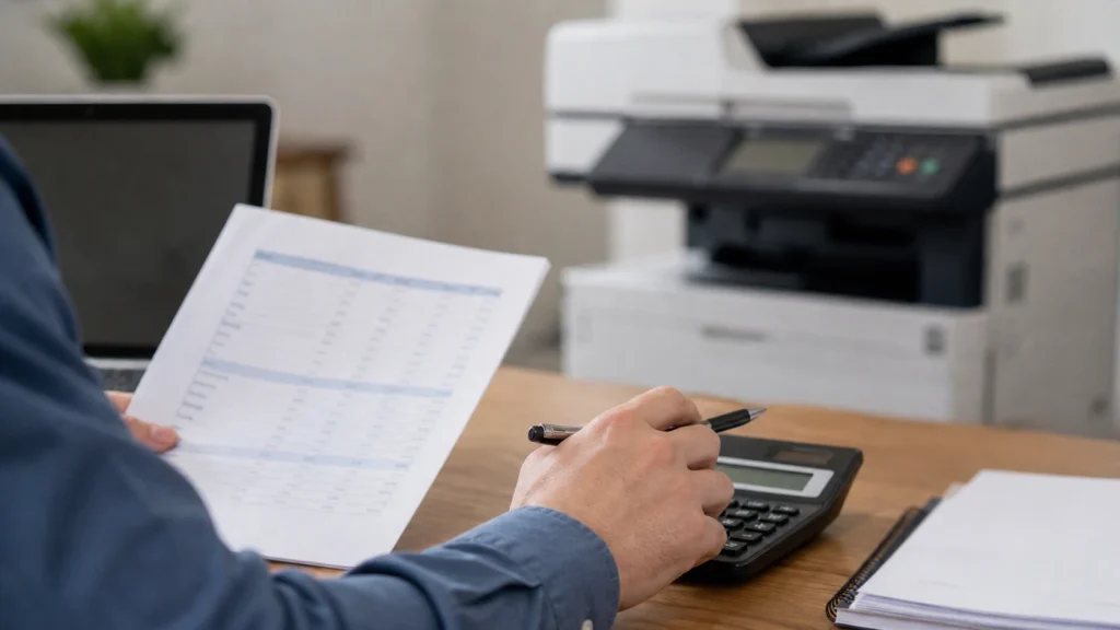 Business owner reviewing financial report with calculator while budgeting for copier lease costs in Kansas City MO