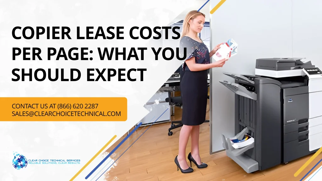 Kansas City office professional reviewing printed materials beside a Konica Minolta copier leased at a cost per page rate