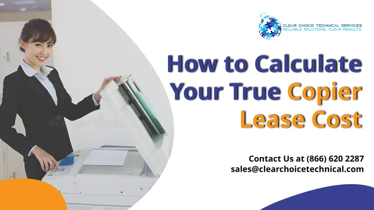 Corporate graphic titled "How to Calculate Your True Copier Lease Cost" featuring a smiling woman standing at a copier.
