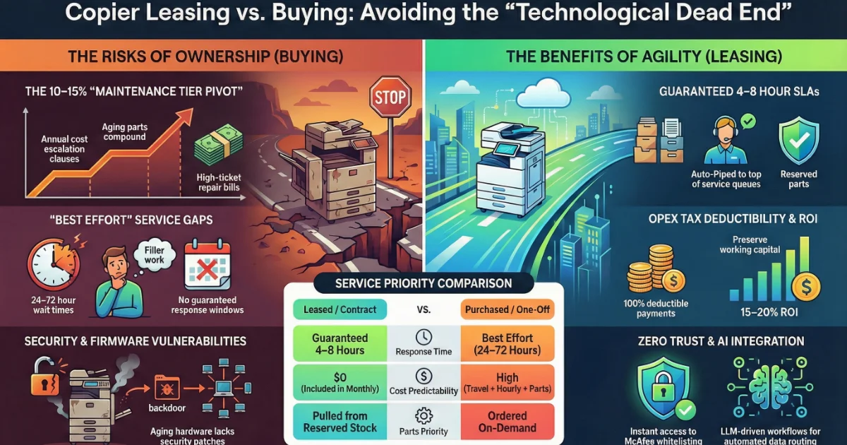 Infographic comparing copier ownership risks versus leasing benefits like guaranteed 4-8 hour SLAs for offices in Kansas City, MO 64109.