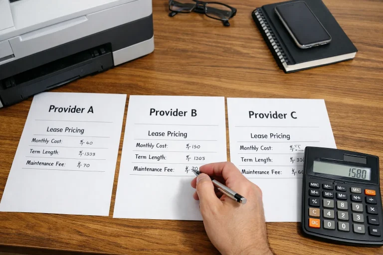 A business professional in Kansas City comparing copier lease pricing quotes from three different providers with a calculator and office hardware.