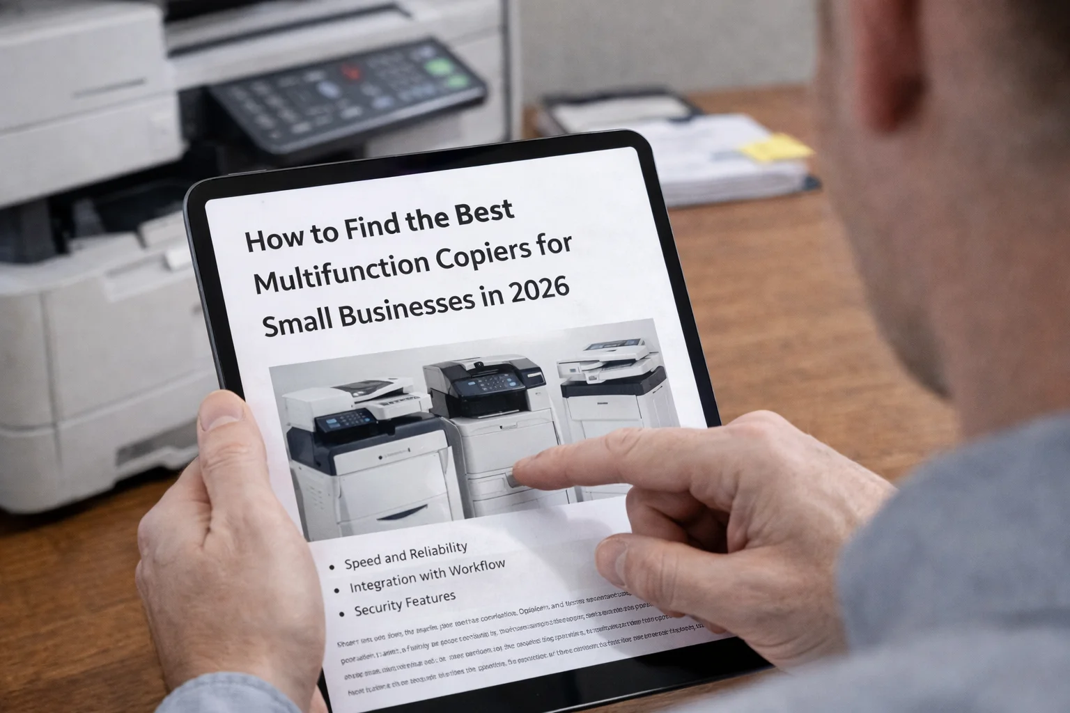 A business professional in Kansas City using a tablet to configure multifunction copiers for cloud scanning and remote printing.