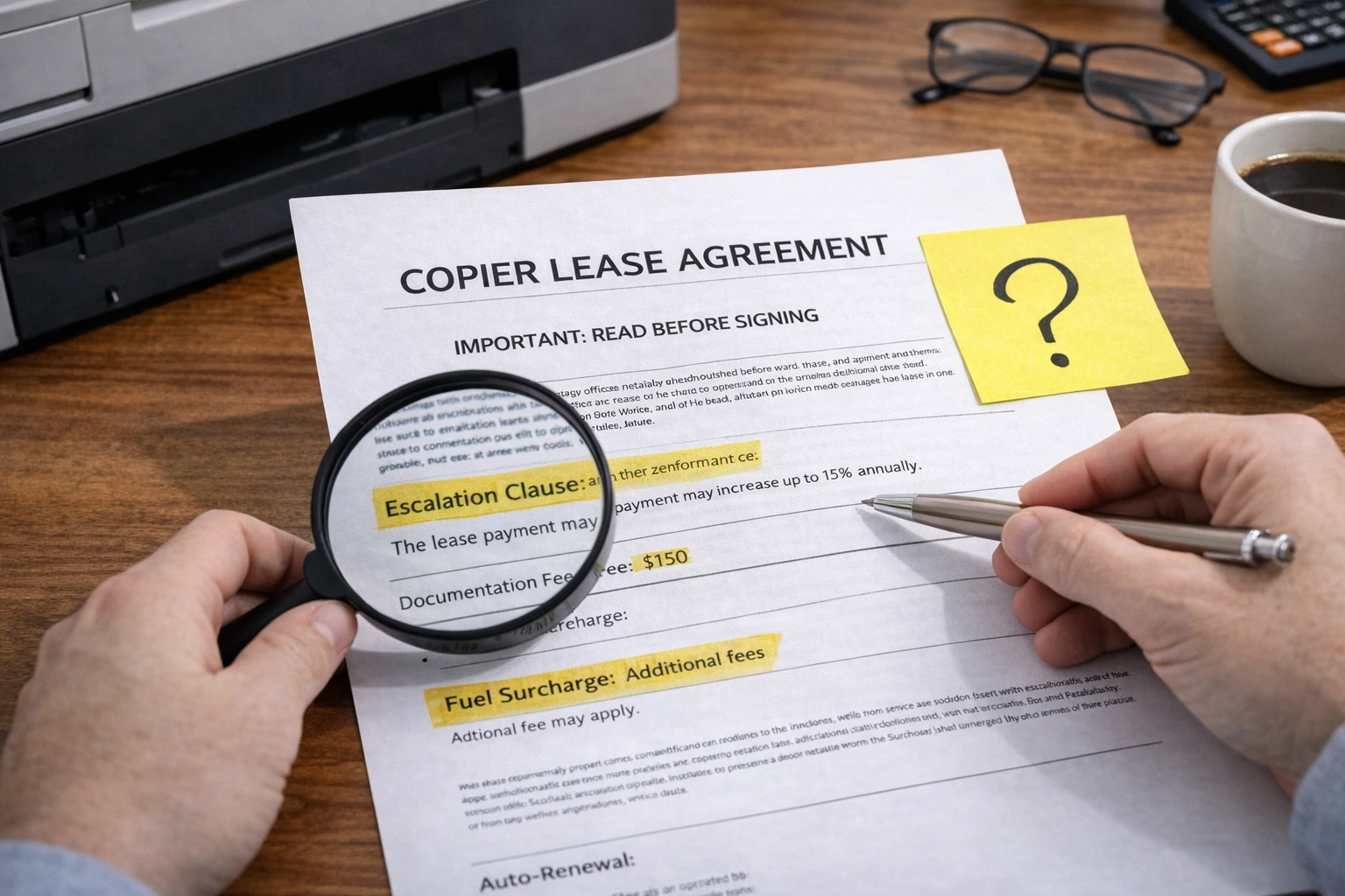 A business owner using a magnifying glass to inspect the fine print of Kansas City Copier Lease Agreements.