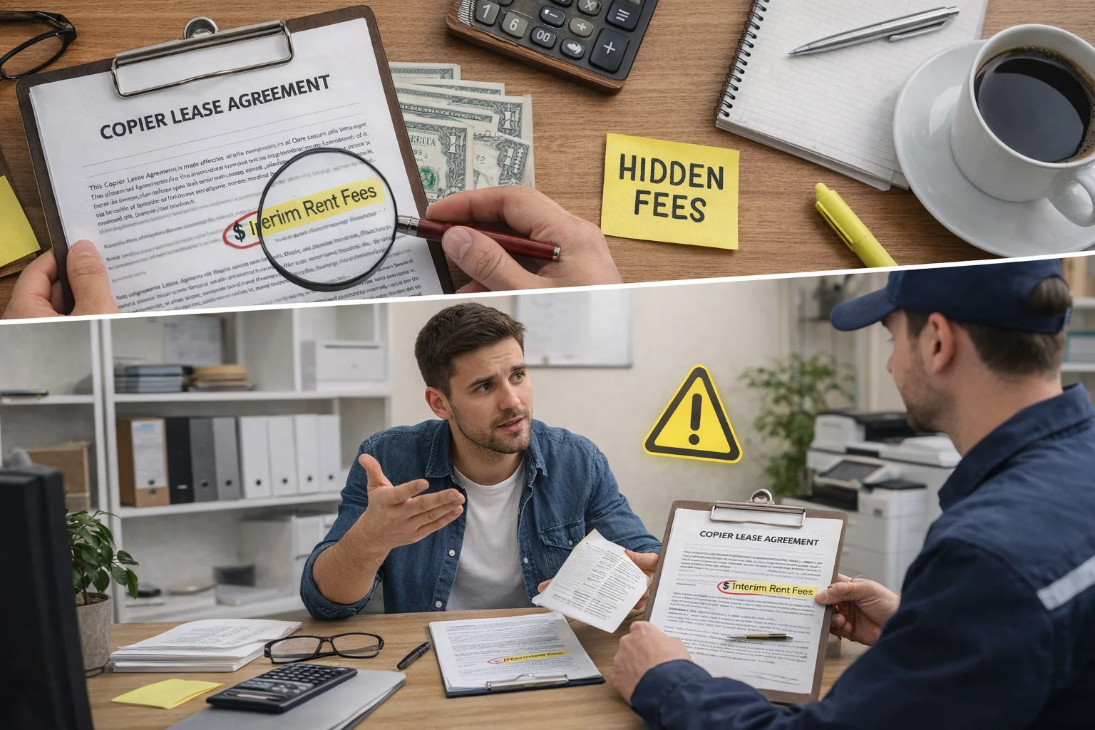 A magnifying glass highlighting "Interim Rent Fees" and a man discussing Kansas City copier lease traps.