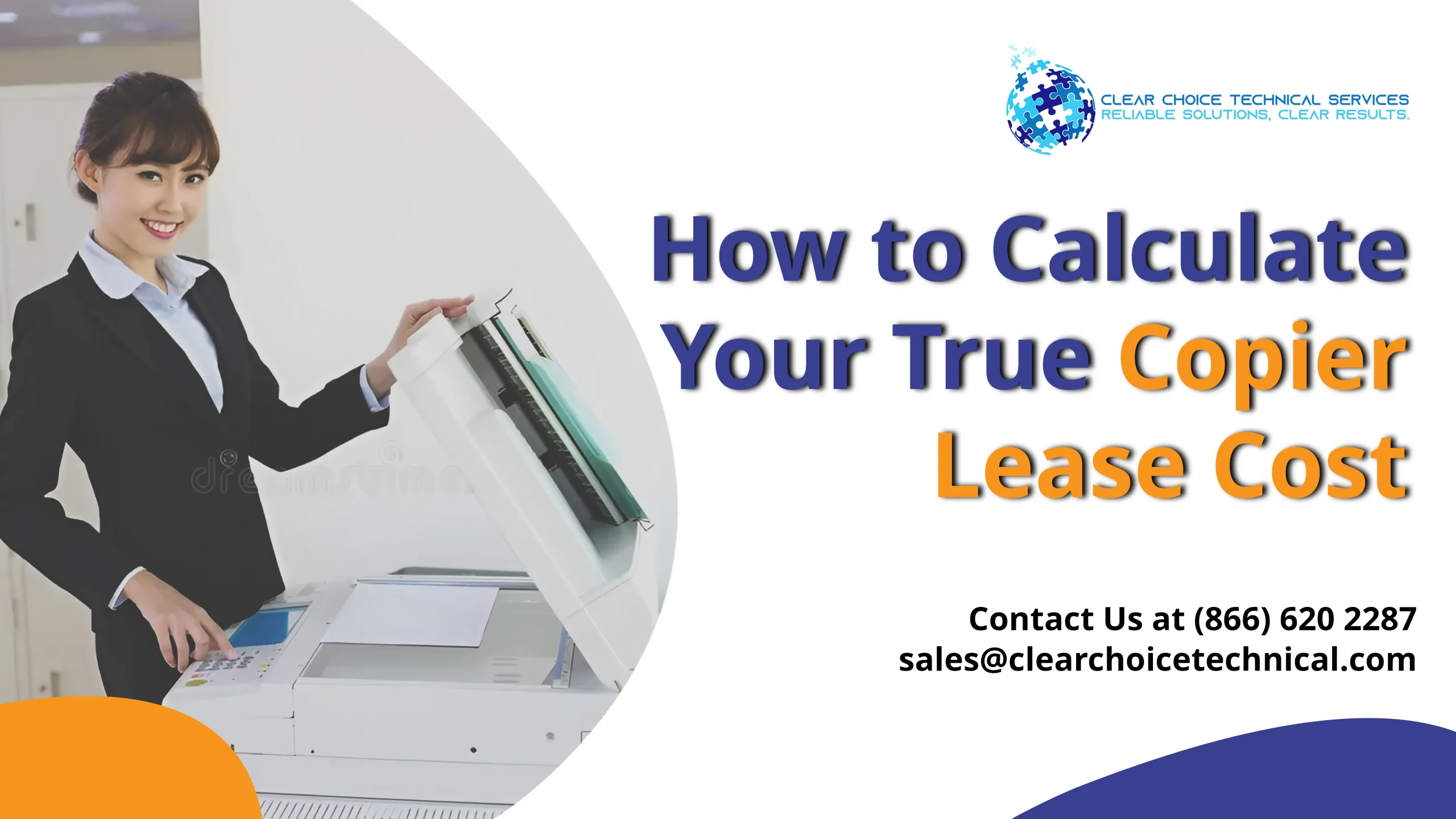 Corporate graphic titled "How to Calculate Your True Copier Lease Cost" featuring a smiling woman standing at a copier.