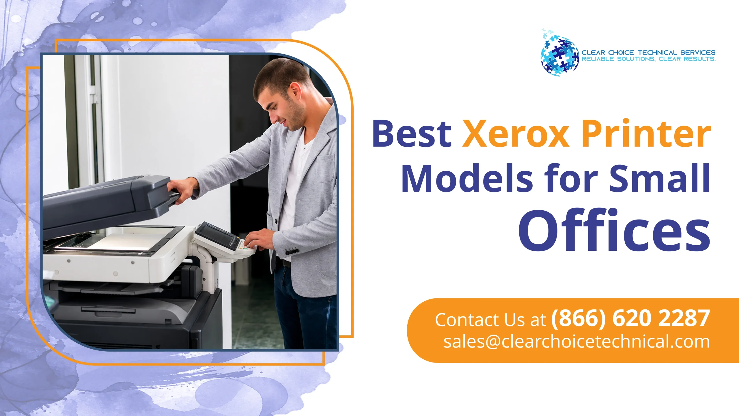 Promotional graphic titled "Best Xerox Printer Models for Small Offices" showing a man in a denim shirt using a black Xerox printer's touch screen.
